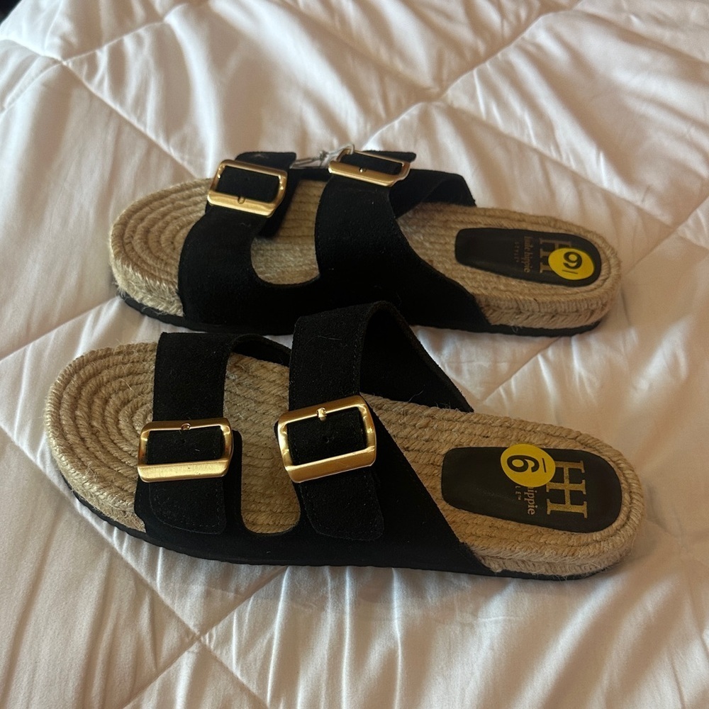 NEW Haute Hippie Black Sandals with Gold Accents size 9